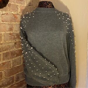 Gray Pearl-Embellished Sweater